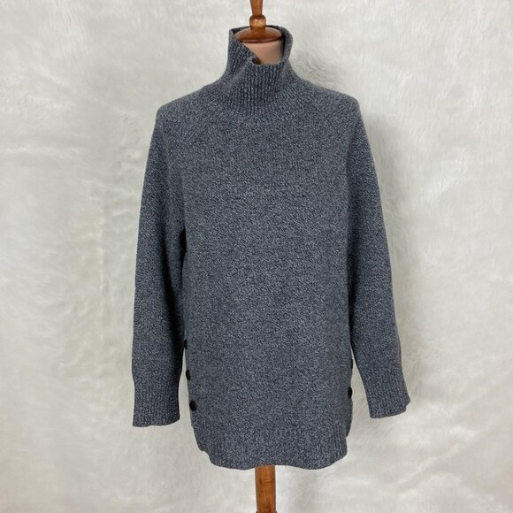 Garnet Hill Heather Gray Side Button Cashmere Turtleneck T-Neck Sweater Tunic M - Picture 1 of 7